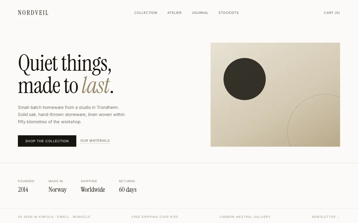 Concept homepage for Nordveil (homeware)