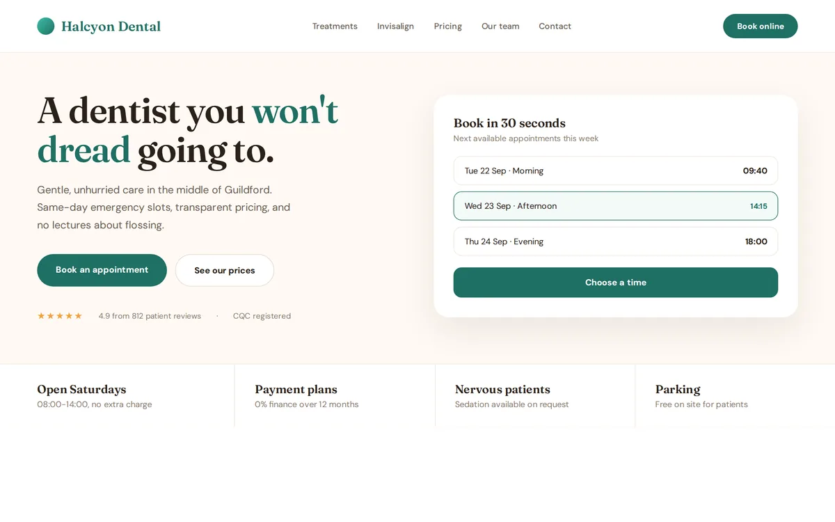 Concept homepage for Halcyon Dental (dental clinic)